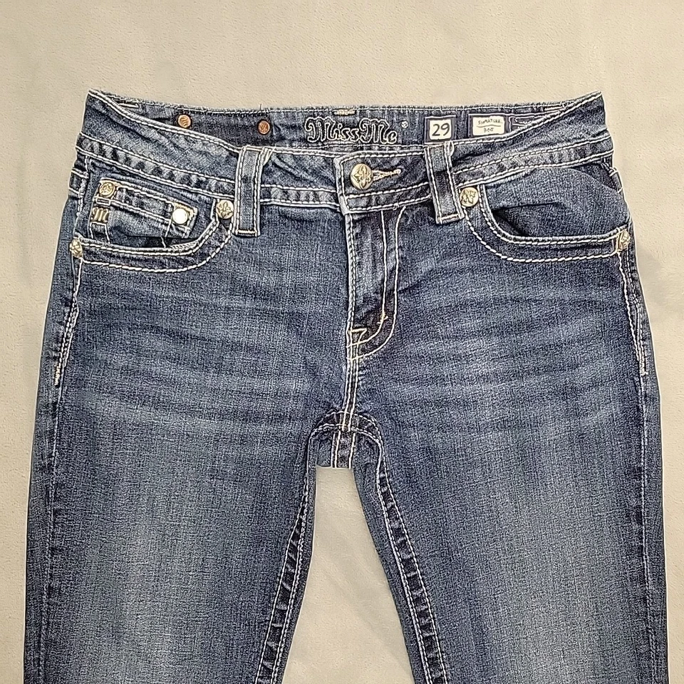 Pantalones de mezclilla Miss Me para mujer 29 azul desteñido tiro bajo solapa bolsillo punto grueso vaquero Foto 2 de 4