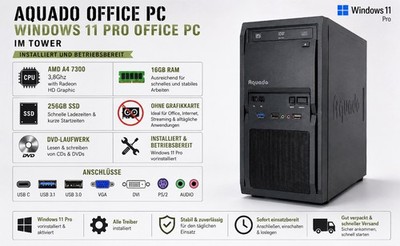 Windows 11 Pro Pc AQUADO AMD A4 7300 3,8GHz with Radeon HD 16GB 256GB SDD