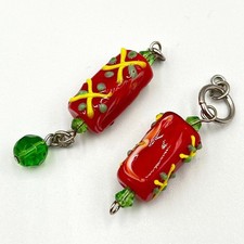 Vintage Boho Earrings Set Red Lampwork Glass & Green Floral Ceramic Dangles 2Pc