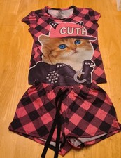 Justice Cute Cat Pink Plaid Pajama Set Sz 8