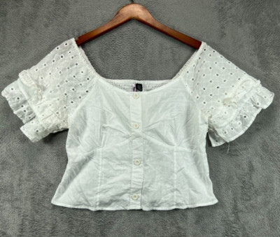 NWT Womens Tops Large Crop Boho Love By Design White Smock Eyelet Puff Sleeve