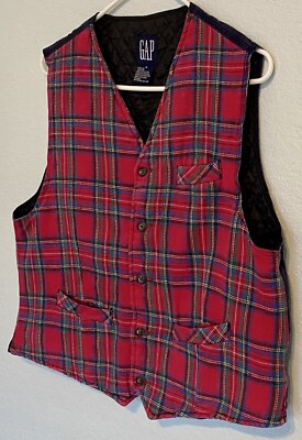 Men's Gap Plaid Lined Flannel Vest VTG 90s Y2K Red Tartan Pockets