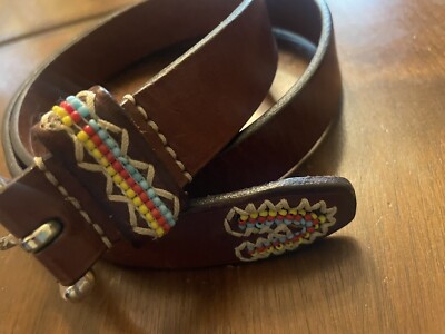 Vintage Fossil Leather Belt Brown Bead Embroidery Indian  display picture 1