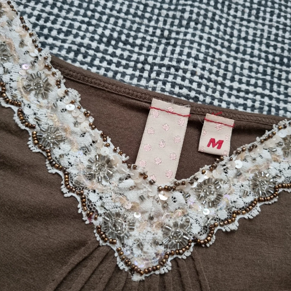 Vintage Miss Sixty Y2K Brown Lace Cami Vest V-Neck Sequin Top Size 10 - 12 M - Image 3 of 4