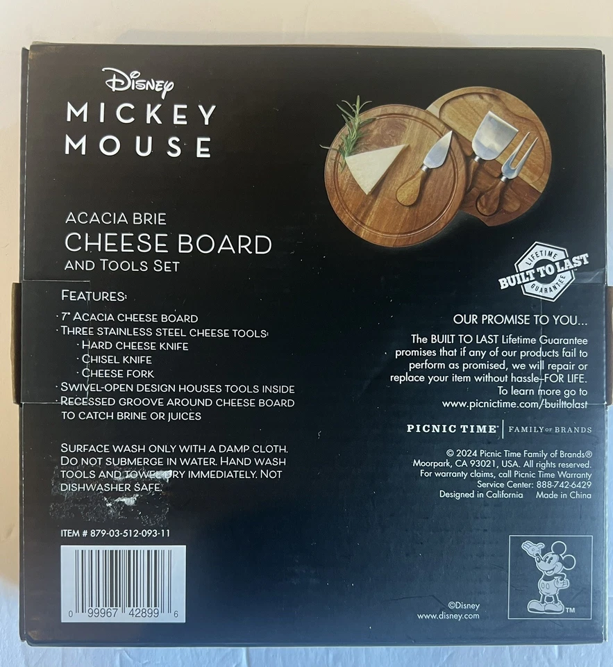 Disney Mickey & Minnie Mouse Acacia Brie 7.25" Wood Cheese Board & Tool Set NEW - Image 2 of 2