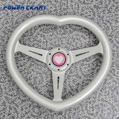 14inch JDM Racing Sport Deep Corn Steering Wheel White Carbon Look Heart Shape