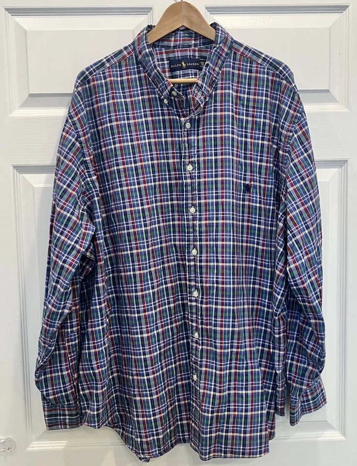 Ralph Lauren Shirt Adult 3XB Big Green Blue Button Down Casual Plaid Men’s Polo - Image 2 of 4