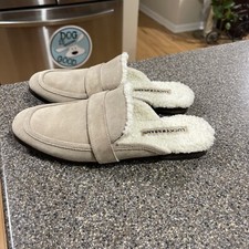 New Lucky Brand Cayin Taupe Suede Leather Slip On Mules Flats Women Sz 7.5 M