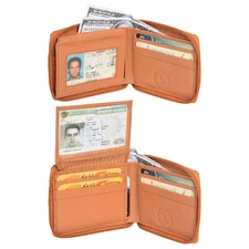 Leatherboss Genuine Leather Men Zipper Pull Up Flap Safe Wallet, Tan 