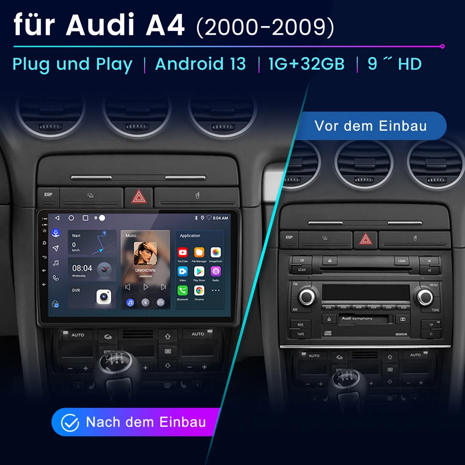 9" Android 14 Autoradio Für AUDI A4 2000-2009 GPS Navi SWC BT WIFI Carplay DAB+ - Bild 2 von 4