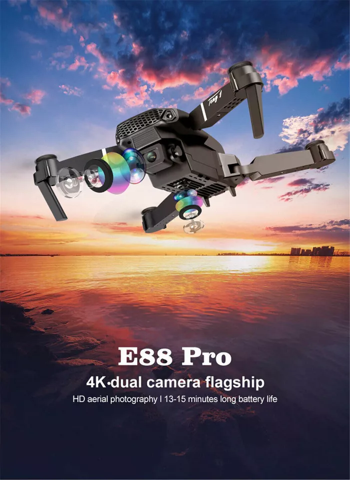 E88 WIFI FPV Quadcopter Selfie w/ Fordable HD 4K Wide Angle Dual Camera RC Drone - Image 2 of 4