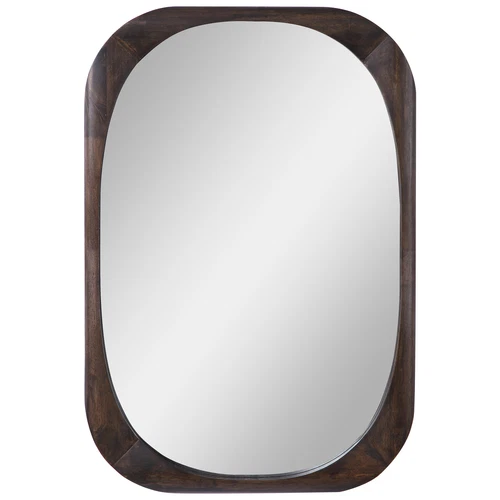 Mid Century Modern Rounded Wood Oval Wall Mirror, Vanity Geometric Retro Dark - Picture 1 of 5