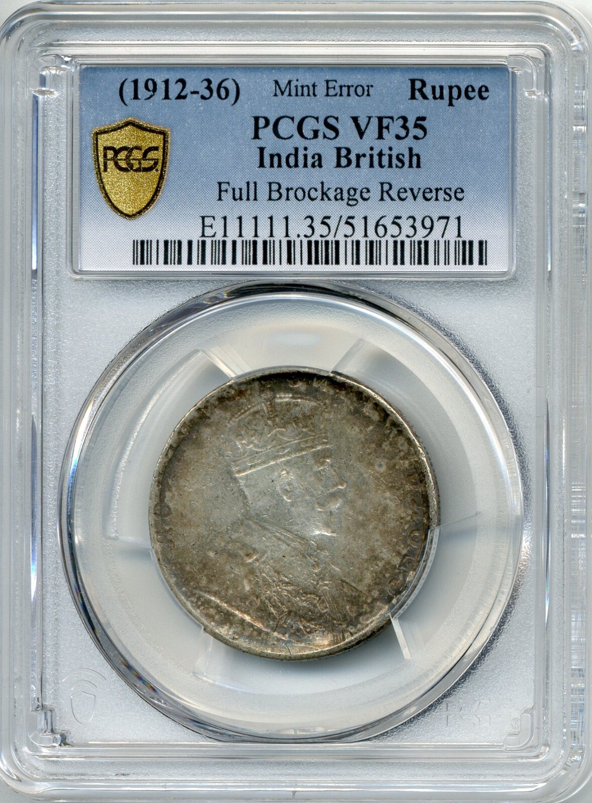 1912-1936 India British Rupee ERROR COIN, Full Brockage Reverse PCGS VF35