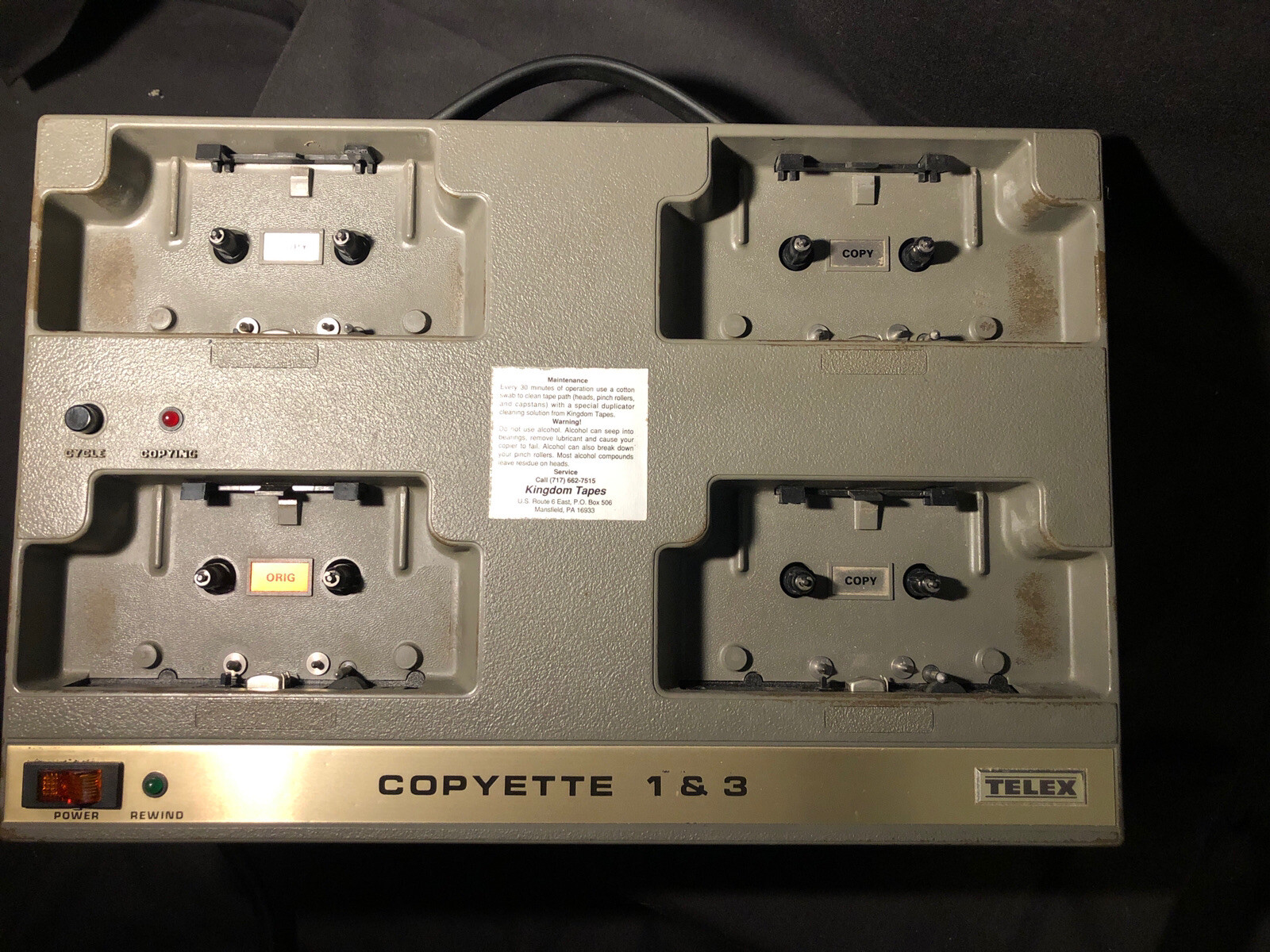 CASSETTE COPIER HIGH SPEED DUPLICATOR for Repair TELEX COPYETTE 1 & 3