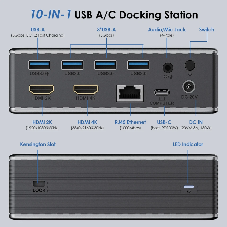 Estación de Acoplamiento Universal USB 3.0/USB C Monitor Doble con Adaptador de Corriente 130W Foto 2 de 4