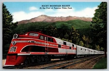Rocky Mountain Rocket At Foot of Pikes Peak Train Rock Island Railroad Postcard