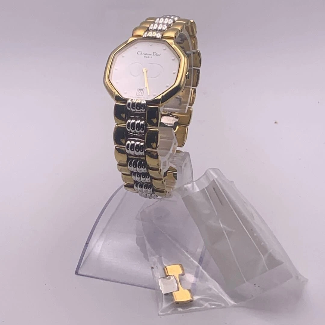 Montre Christian Dior Quartz 45.134 Cadran Blanc Or Argent Octogone Vintage Occasion