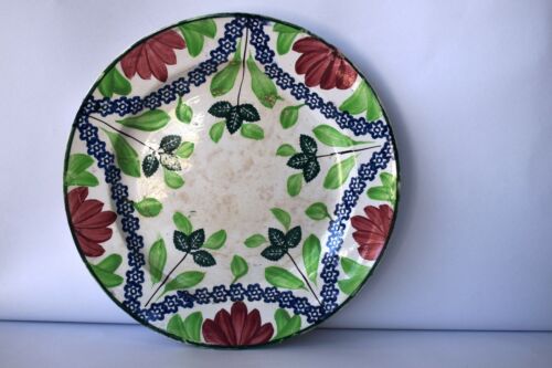 Assiette de poterie antique éponge spatterware plat bleu étoile fleur pétale Desi"F4 - Photo 1/4