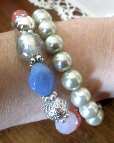 Bracelet Vintage 3 Rangs Perles Rose Parme Nacrées - Rare - Bijou Mode Années 40
