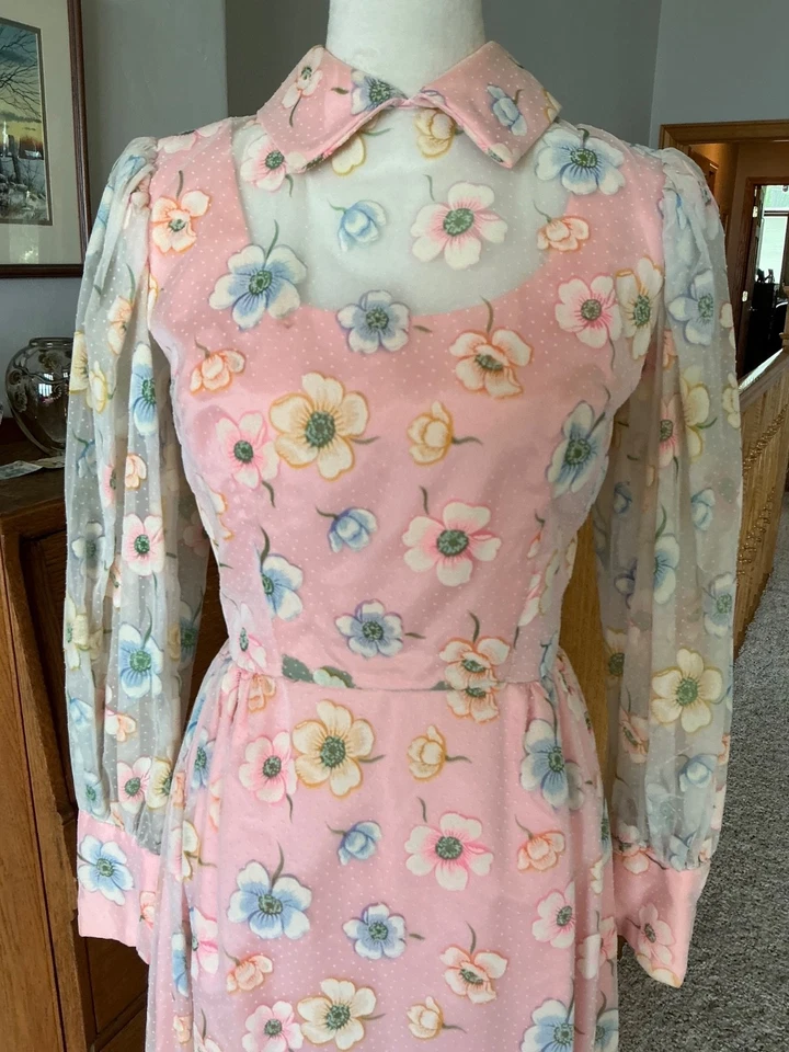 70s Prom Dress Vintage Long Sleeve Pink Lace Bridesmaid Formal Gown CUSTOM Made - Image 2 of 4