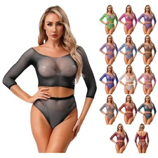 Womens See Through Fishnet Lingerie Set Crop Top and High Waist briefs underwear