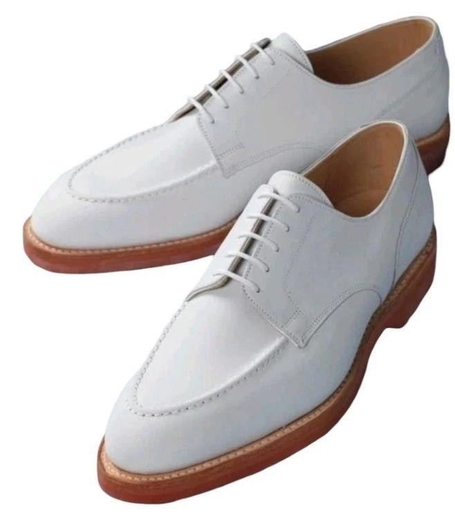 Nuevo zapato de cuero hecho a mano para hombre, zapatos de vestir formales Derby blancos con cordones para hombre