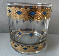 One Vintage CULVER Whiskey Glass Tumbler Lowball Clear, Blue & 22K Gold 3.5" T