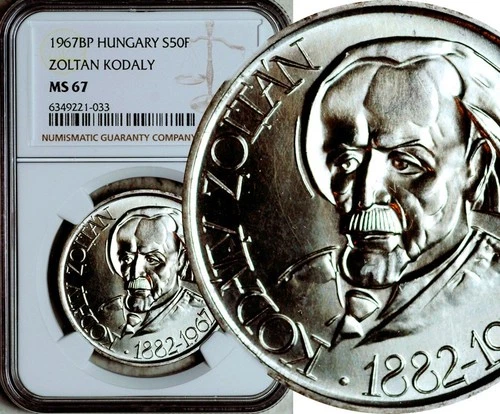 NGC MS-67 HUNGARY SILVER 50 FORINT 1967 (ZOLTAN KODALY) POP: 7/3