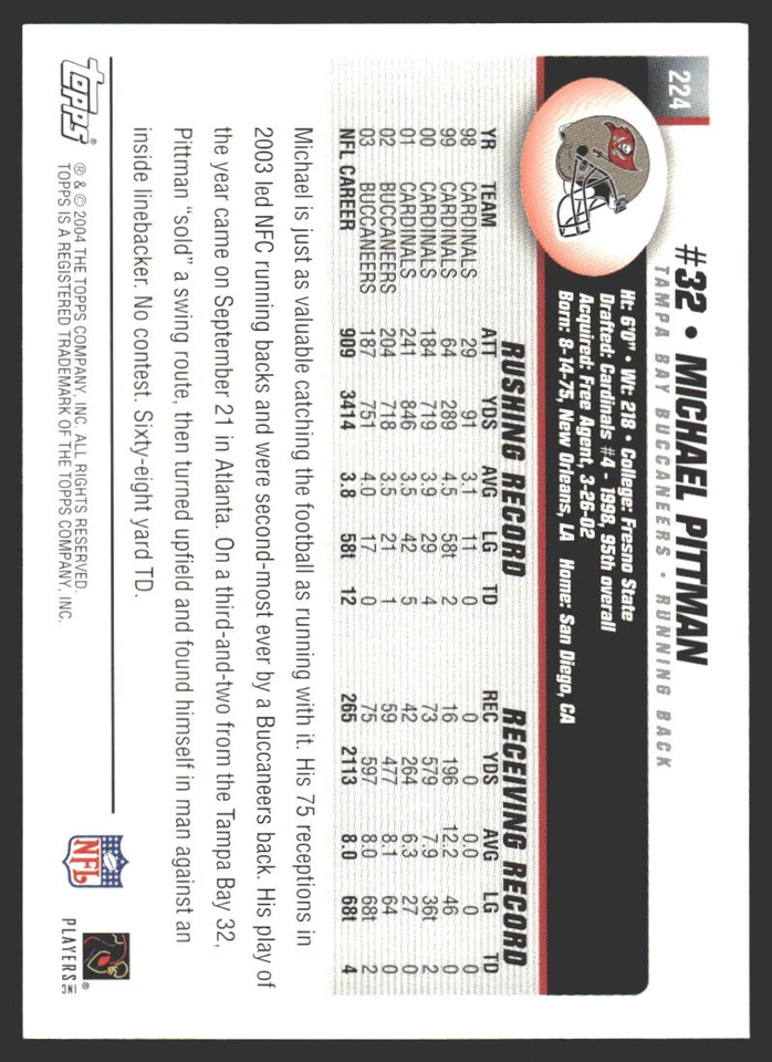 Michael Pittman #224 2004 Topps Topps Collection Tampa Bay Buccaneers - Image 2 of 2