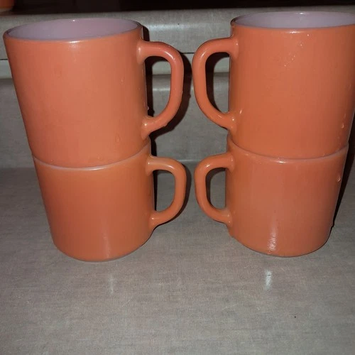 4 Vintage Fireking Anchor Hocking Orange Stackable Coffee Cups