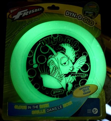NEW WHAM-O FRISBEE DYN-O-GLO 130G GLOW IN DARK BRAND NEW CRAZY FISH LOGO