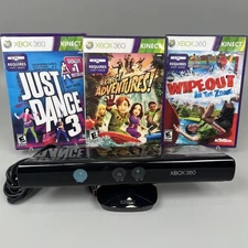 Xbox 360 Kinect Sensor 3 Game Bundle Adventures Wipeout & Just Dance 3 TESTED