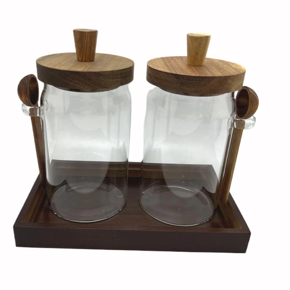 Glass Jars with Brown Wooden Lids and Scoop, Airtight Food Storage Containers...