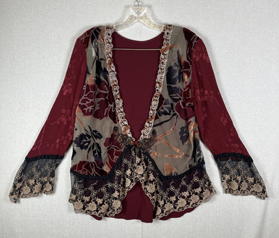 VTG Spencer Alexis Cardigan Topper Size 4 Velvet Burnout Burgundy Beige Floral