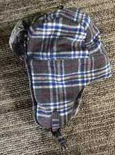 New Chaos Trapper Style Hat Gray Blue Plaid Ear Flap Faux Fur
