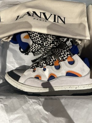 Lanvin Curb Sneaker White Blue Orange Zigzag Laces Leather Men's Athletic Shoes