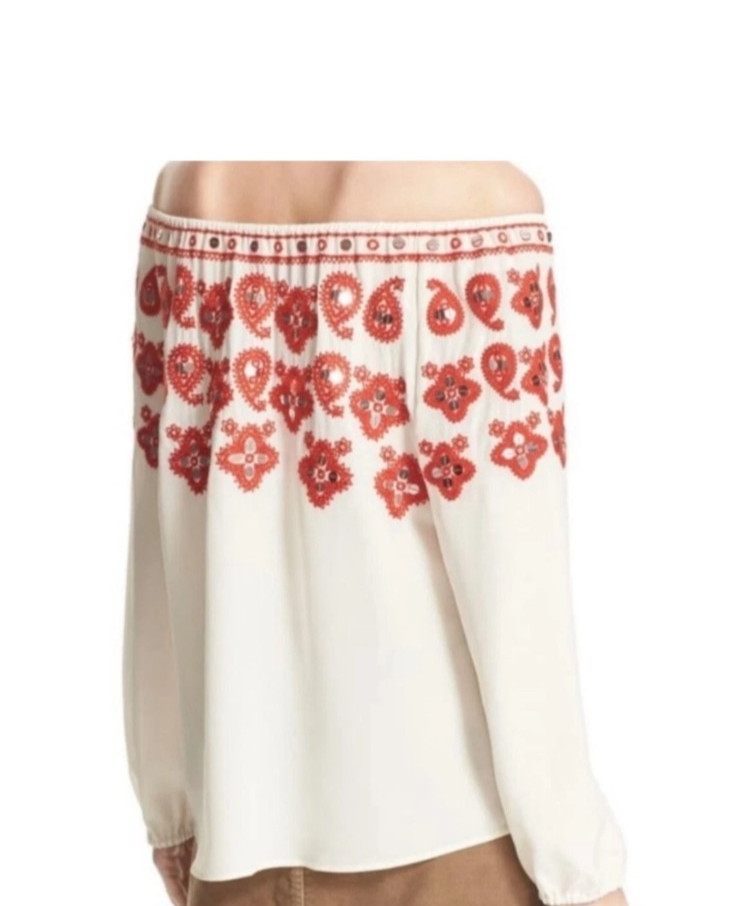 Tory Burch Blouse Silk Embroidered Boho Leyla Top Cream Sequins Size 4 thumbnail 8
