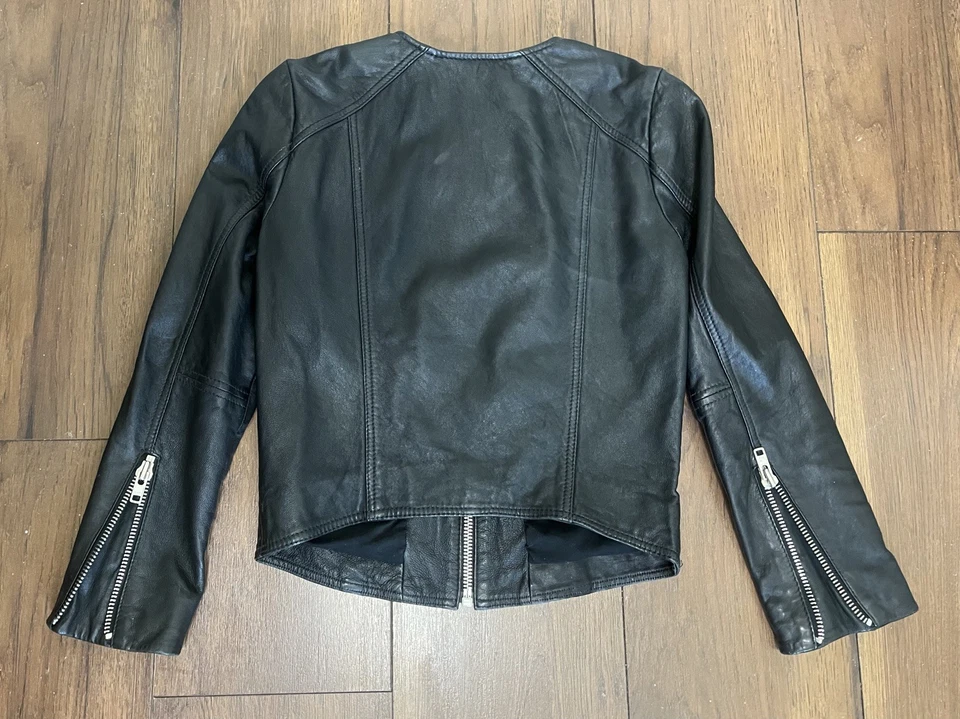 Madewell Black Leather Motorcycle Jacket Collarless with Zippers XS Women’s  - Image 2 of 4