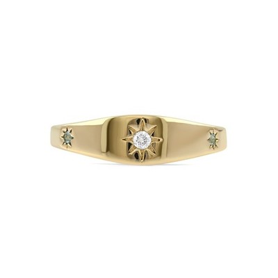Genuine Aquamarine & Diamond Ring, 14K Gold Three Star Ring, Dome Signet Ring