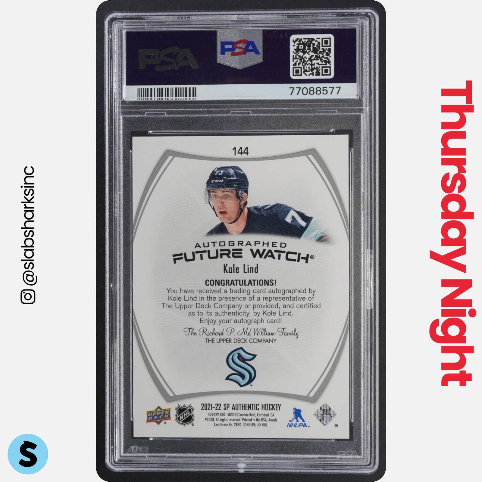 2021 SP AUTHENTIC #144 KOLE LIND RC FUTURE WATCH ROOKIE AUTO /999 PSA 10 view 2