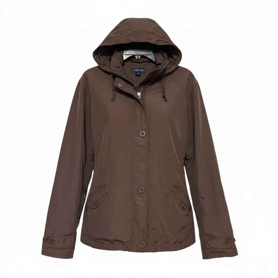 Chaqueta de Lluvia Lands’ End Squall Con Capucha XL 18-20 Marrón Impermeable Embalable Foto 2 de 4