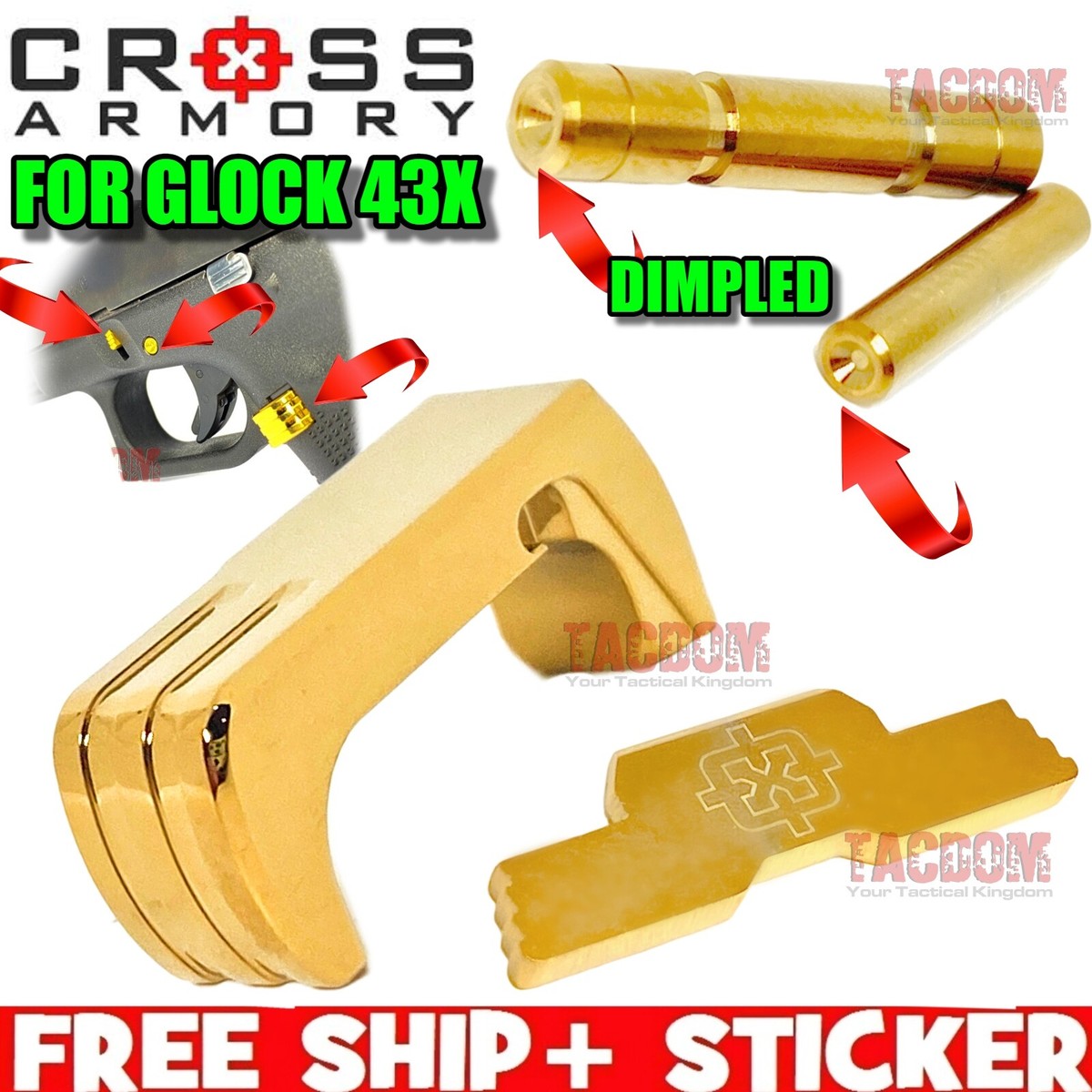 Cross Armory GOLD for Glok 43X DIMPLE Pins Extended Magazine Catch