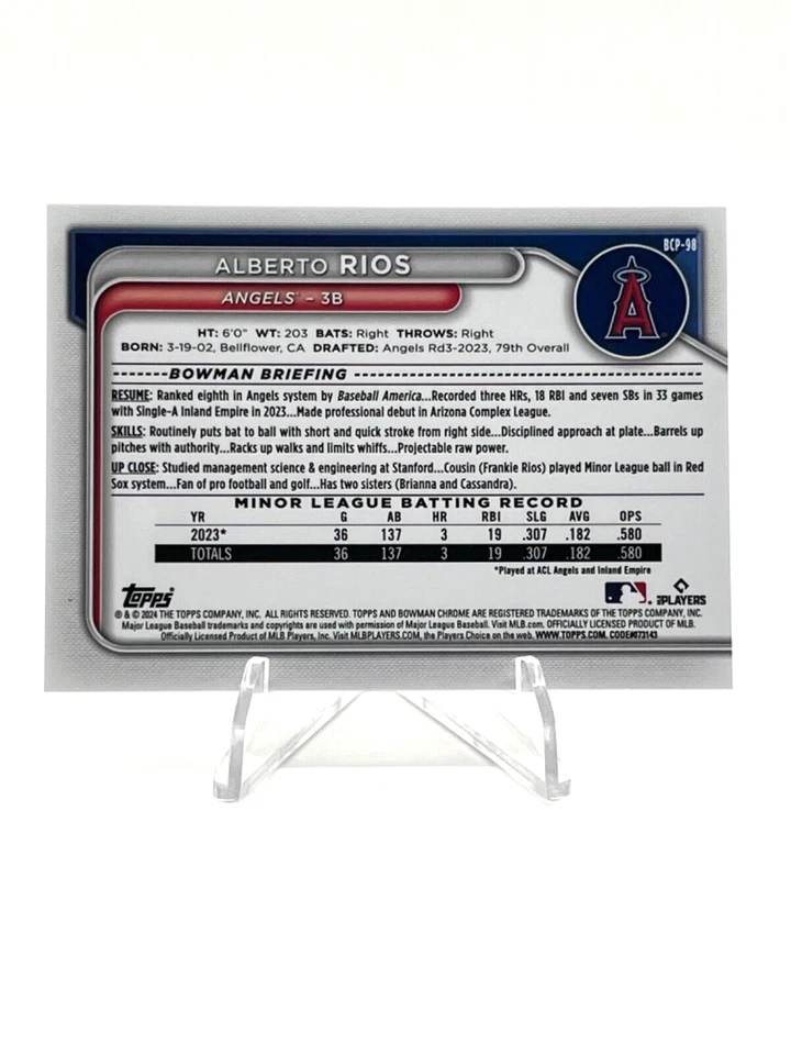 2024 Bowman Chrome ALBERTO RIOS #/25 Orange Refractor - Los Angeles Angels - Image 2 of 2