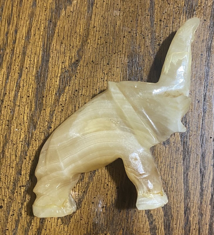 Stone Carved Elephant Figurine, Trunk Up, Yellow & White Color, 2” Tall