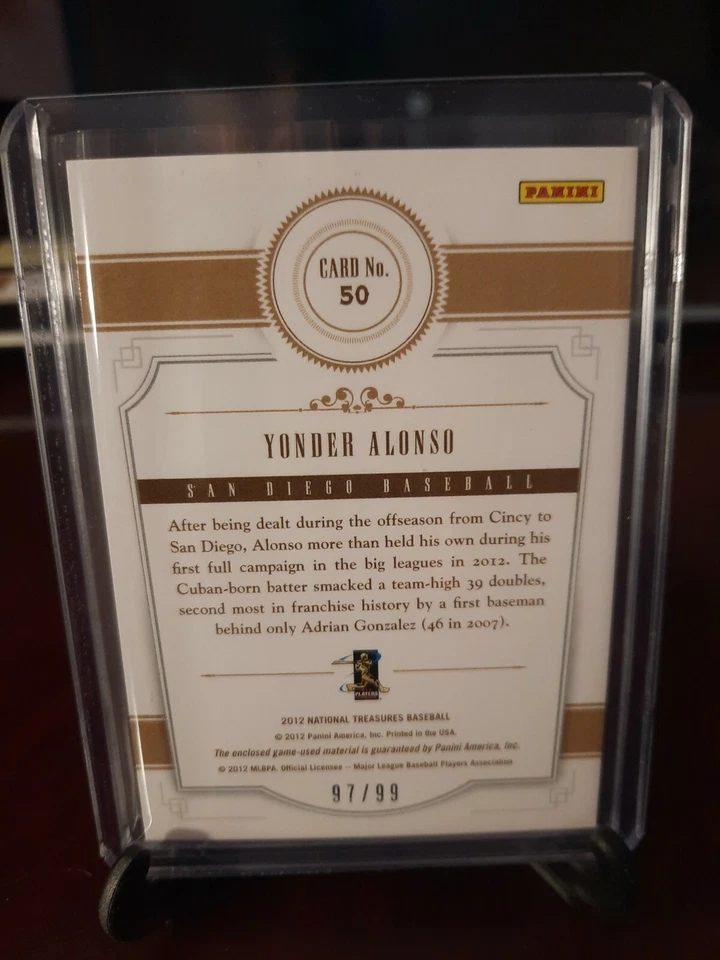 2012 Panini National Treasures Treasure Materials #97/99 Yonder Alonso #50 - Image 4 of 4