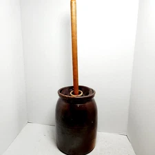 Antique Stoneware Butter Churn/Crock 11” Tall Brown Stoneware Salt-Glazed Primit