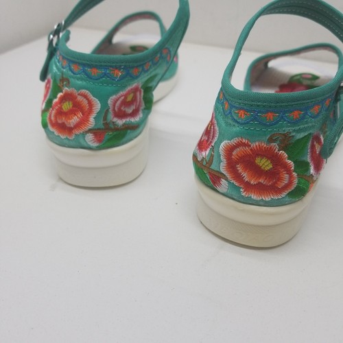 Floral Embroidered Sandals Teal Turquoise Green Ethinic Minority Craft Boho - Picture 11 of 15