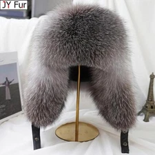 New Winter Men's 100% Real Silver Fox Fur Bomber Hat Raccoon Fur Ushanka Cap