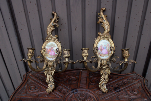 PAIR bronze Limoges porcelain Medaillon wall lights sconces victorian scene - Picture 1 of 12