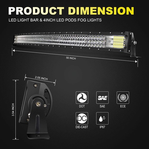 TURBO SII 50 Inch Curved Light Bar 684W Tri Row Flood and Spot Combo Beam for... - Picture 6 of 8